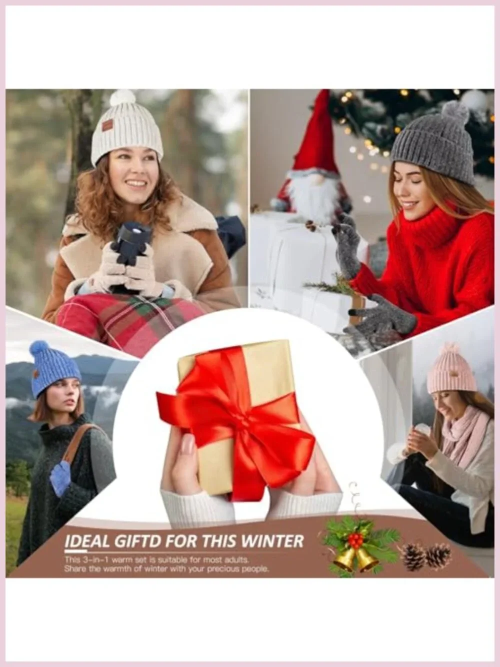 Acrylic Beanie Hat Scarf Touchscreen Gloves Set Winter Warm Knit